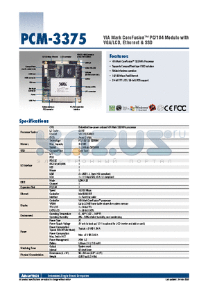 PCM-3375 datasheet - VIA Mark CoreFusion PC/104 Module with VGA/LCD, Ethernet & SSD