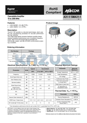 SMA31-1 datasheet - Cascadable Amplifier 10 to 2000 MHz