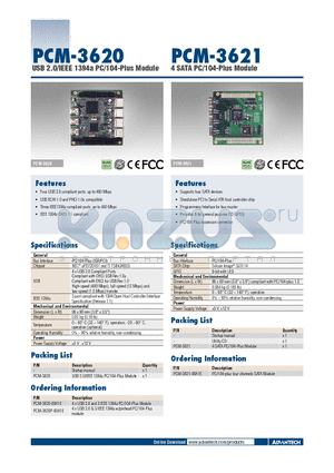 PCM-3620P-00A1E datasheet - USB 2.0/IEEE 1394a PC/104-Plus Module 4 SATA PC/104-Plus Module