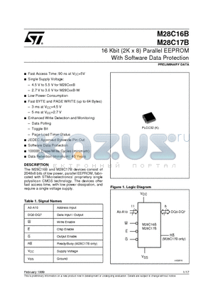 M28C17-90K1TR datasheet - 16 Kbit 2K x 8 Parallel EEPROM With Software Data Protection