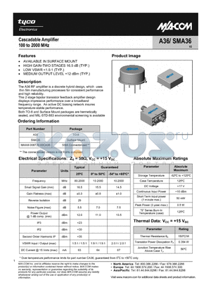 SMA36 datasheet - Cascadable Amplifier 100 to 2000 MHz