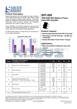 SXT-289 datasheet - 1800-2500 MHz Medium Power GaAs HBT Amplifier