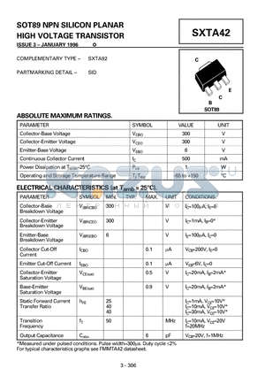 SXTA42 datasheet - NPN SILICON PLANAR HIGH VOLTAGE TRANSISTOR