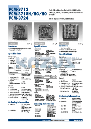 PCM-3712 datasheet - 2-ch, 12-bit Analog Output PC/104 Module 100KS/s, 12-bit, 16-ch PC/104 Multifunction Module