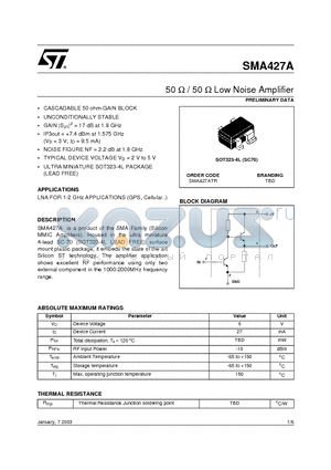 SMA427A datasheet - 50 ohm / 50ohm Low Noise Amplifier