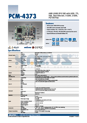 PCM-4373F-J0A1E datasheet - AMD LX800 EPIC SBC with LVDS, TTL, VGA, Dual Ethernet, 6 COM, 2 SATA, PC/104-Plus