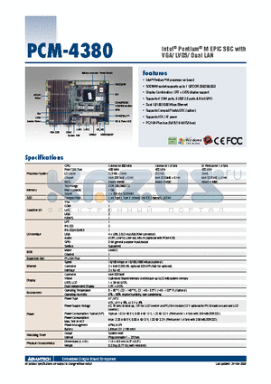 PCM-4380 datasheet - Intel^ Pentium^ M EPIC SBC with VGA/ LVDS/ Dual LAN