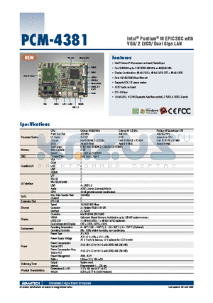 PCM-4381 datasheet - Intel^ Pentium^ M EPIC SBC with VGA/ 2 LVDS/ Dual Giga LAN