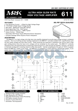 MSK611B datasheet - ULTRA HIGH SLEW RATE HIGH VOLTAGE AMPLIFIER