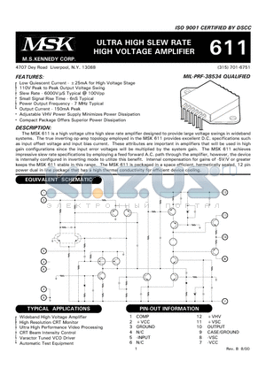 MSK611 datasheet - ULTRA HIGH SLEW RATE HIGH VOLTAGE AMPLIFIER