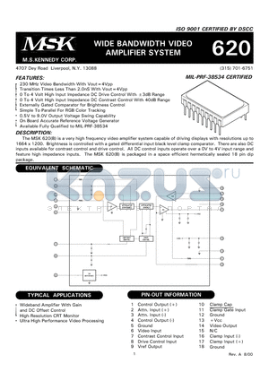 MSK620 datasheet - WIDE BANDWIDTH VIDEO AMPLIFIER SYSTEM