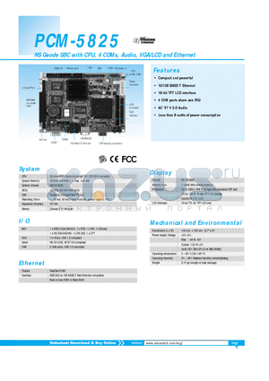 PCM-5825 datasheet - NS Geode SBC with CPU, 4 COMs, Audio, VGA/LCD and Ethernet