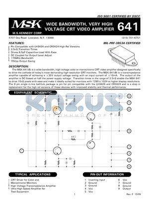 MSK641B datasheet - WIDE BANDWIDTH, VERY HIGH VOLTAGE CRT VIDEO AMPLIFIER