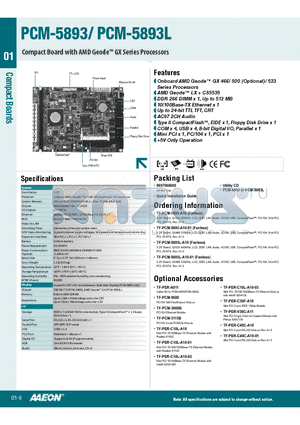 PCM-5893L datasheet - Onboard AMD Geode GX 466/ 500 (Optional)/ 533 Series Processors