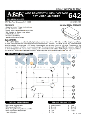 MSK642 datasheet - WIDE BANDWIDTH, HIGH VOLTAGE CRT VIDEO AMPLIFIER