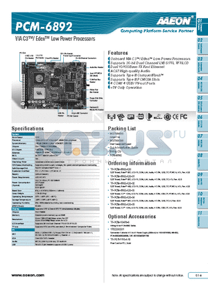 PCM-6892 datasheet - Onboard VIA C3/ Eden Low Power Processors