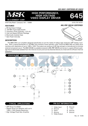 MSK645 datasheet - HIGH PERFORMANCE, HIGH VOLTAGE VIDEO DISPLAY DRIVER