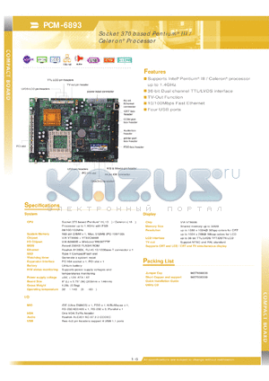 PCM-6893 datasheet - Socket 370 based Pentium III Celeron Processor