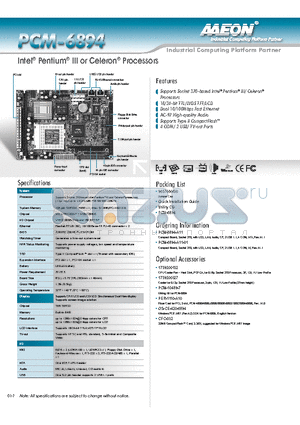 PCM-6894-A11 datasheet - imageSupports Socket 370-based Intel^ Pentium^ III/ Celeron^ Processors