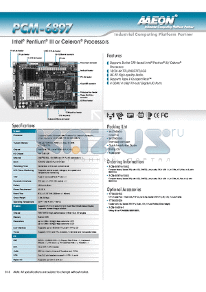 PCM-6897-A10-03 datasheet - Intel Pentium III or Celeron Processors