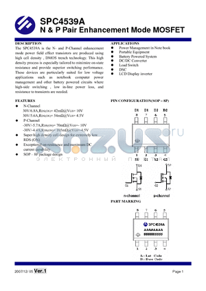 SPC4539A datasheet - N & P Pair Enhancement Mode MOSFET