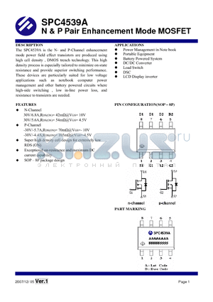 SPC4539AS8RG datasheet - N & P Pair Enhancement Mode MOSFET