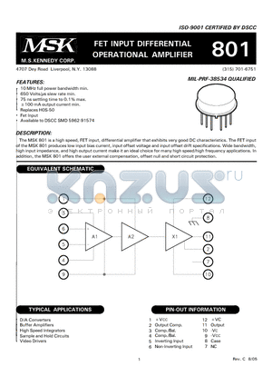 MSK801E datasheet - FET INPUT DIFFERENTIAL OPERATIONAL AMPLIFIER