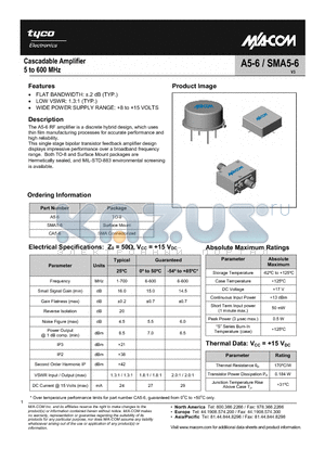 SMA5-6 datasheet - Cascadable Amplifier 5 to 600 MHz