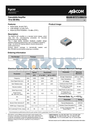 SMA514 datasheet - Cascadable Amplifier 10 to 500 MHz