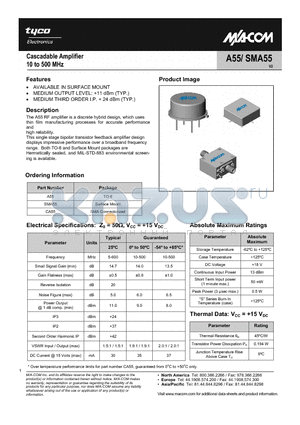 SMA55 datasheet - Cascadable Amplifier 10 to 500 MHz