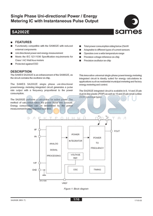 SA2002E datasheet - Single Phase Uni-directional Power / Energy Metering IC with Instantaneous Pulse Output