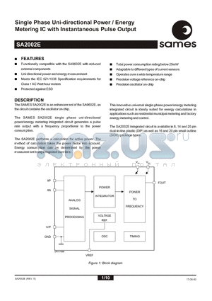 SA2002EPA datasheet - Single Phase Uni-directional Power / Energy Metering IC with Instantaneous Pulse Output