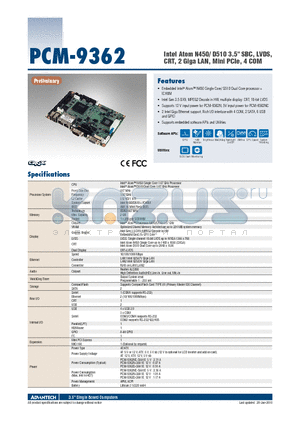 PCM-9362NC-S6A1E datasheet - Intel Atom N450/ D510 3.5