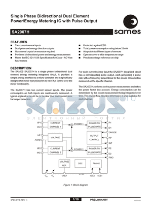 SA2007HPA datasheet - Single Phase Bidirectional Dual Element Power/Energy Metering IC with Pulse Output