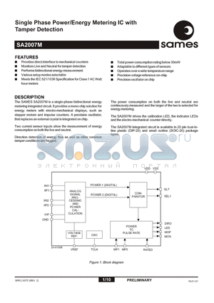 SA2007M datasheet - Single Phase Power/Energy Metering IC with Tamper Detection