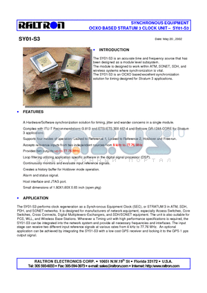 SY01-S3 datasheet - SYNCHRONOUS EQUIPMENT OCXO BASED STRATUM 3 CLOCK UNIT