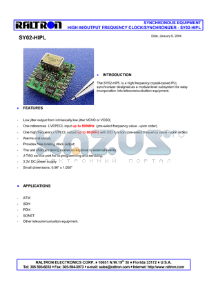 SY02-HIPL datasheet - SYNCHRONOUS EQUIPMENT HIGH IN/OUTPUT FREQUENCY CLOCK/SYNCHRONIZER