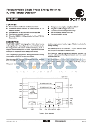 SA2007P datasheet - Programmable Single Phase Energy Metering IC with Tamper Detection