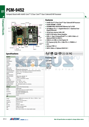 PCM-9452 datasheet - Compact Board with Intel Core 2 Duo/ Core Duo/ Celeron M Processor