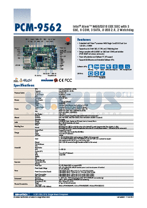 PCM-9562DF-S6A1E datasheet - Intel^ Atom N450/D510 EBX SBC with 3 GbE, 6 COM, 3 SATA, 8 USB 2.0, 2 Watchdog