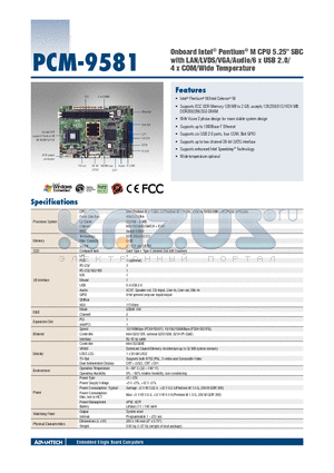 PCM-9581 datasheet - Onboard Intel^ Pentium^ M CPU 5.25