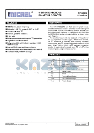 SY100E016 datasheet - 8-BIT SYNCHRONOUS BINARY UP COUNTER