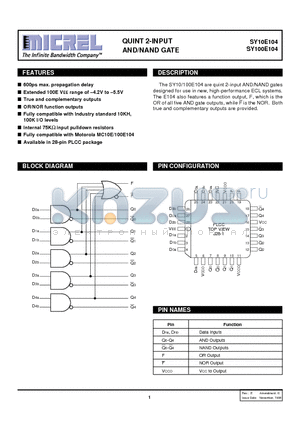 SY100E104 datasheet - QUINT 2-INPUT AND/NAND GATE