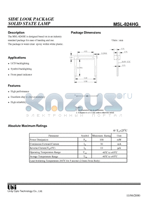 MSL-824HG datasheet - SIDE LOOK PACKAGE SOLID STATE LAMP