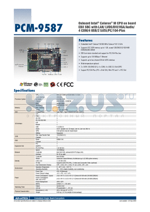 PCM-9587 datasheet - Onboard Intel^ Celeron^ M CPU on board EBX SBC with LAN/ LVDS/DVI/VGA/Audio/4 COM/4 USB/2 SATA/PC/104-Plus