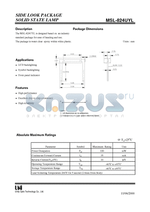 MSL-824UYL datasheet - SIDE LOOK PACKAGE SOLID STATE LAMP