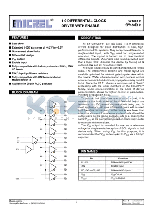 SY100E111 datasheet - 1:9 DIFFERENTIAL CLOCK DRIVER WITH ENABLE