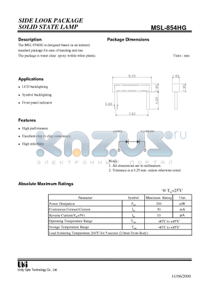 MSL-854HG datasheet - SIDE LOOK PACKAGE SOLID STATE LAMP