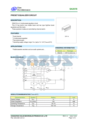 SA2078 datasheet - PRESET EQUALIZER CIRCUIT