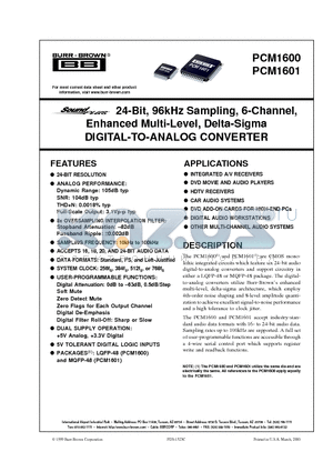 PCM1601 datasheet - 24-Bit, 96kHz Sampling, 6-Channel, Enhanced Multi-Level, Delta-Sigma DIGITAL-TO-ANALOG CONVERTER